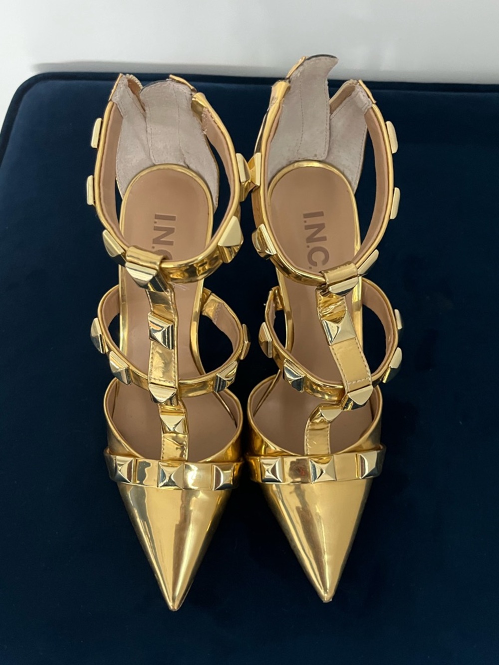 INC Gold Studded Pointed-Toe Strappy Heels